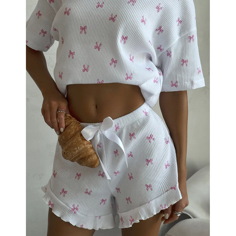 Dam pyjamas-set med rosettmönster och spetsshorts för hemmet_voghion.com
