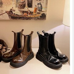 网红同款 重磅6cm缩纹马皮松紧带厚底粗跟短筒切尔西靴女短靴