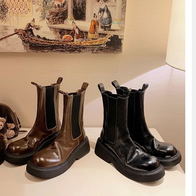 Internet Celebrity Picks Heavy 6cm Shrink Pattern Horsehide Elastic Band Thick Sole Thick Heel Short Chelsea Boots Women's Short Boots