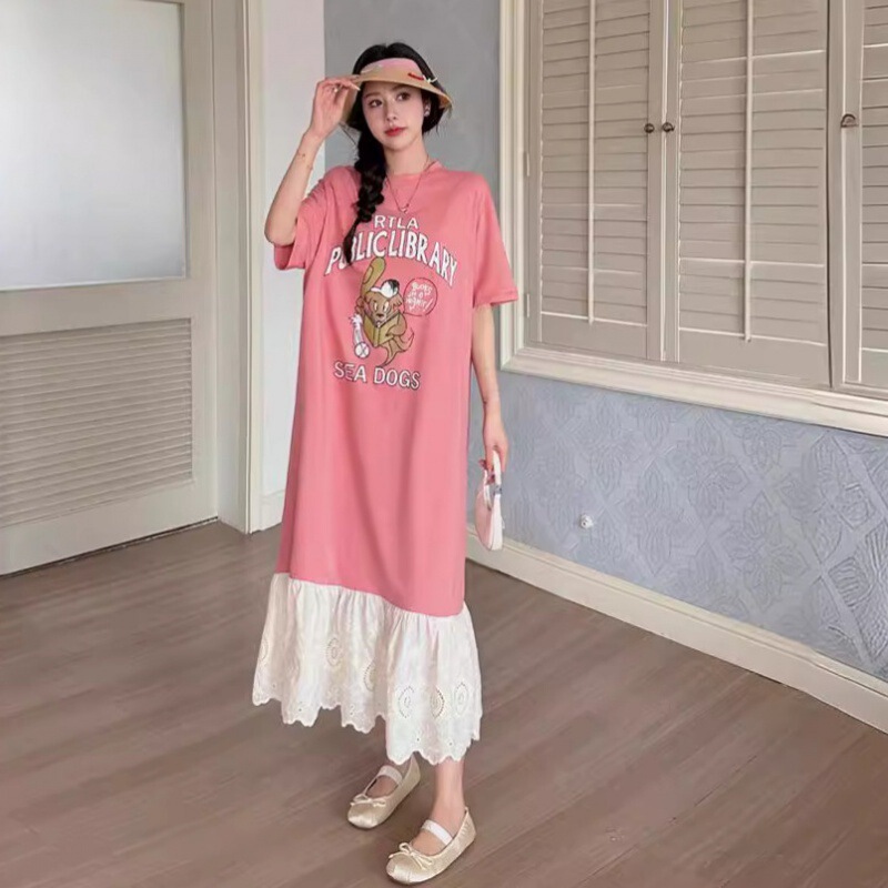2024 Long Stitching Ruffled Skirt Embroidered Edge Short-sleeved dress Summer Age-reducing Women's plus size chubby girl 2024 Long Stitching Ruffled Skirt Embroidered Edge Short-sleeved dress Summer Age-reducing Women's plus size chubby girl