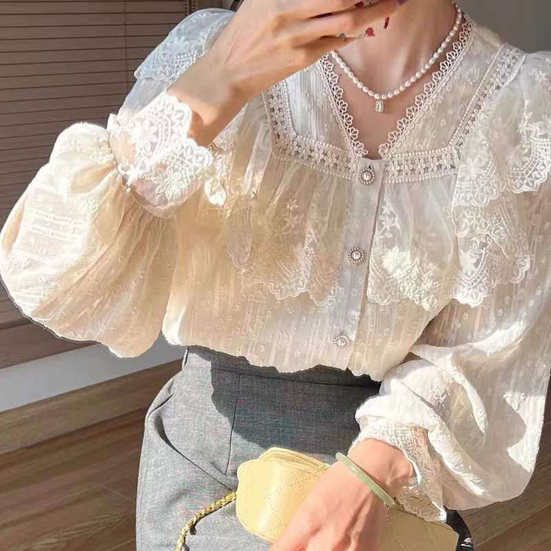 Wholesale Niche French Design Ruffled Lace Shirt Spring and Summer Korean Style Gentle and Sweet Blouse