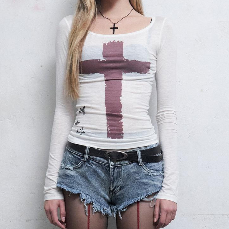 [Long Sleeve Design] Retro Spice Cross Printed Round Neck Slim T-Shirt Women's Spring and Summer Low Waist Stitching Hip