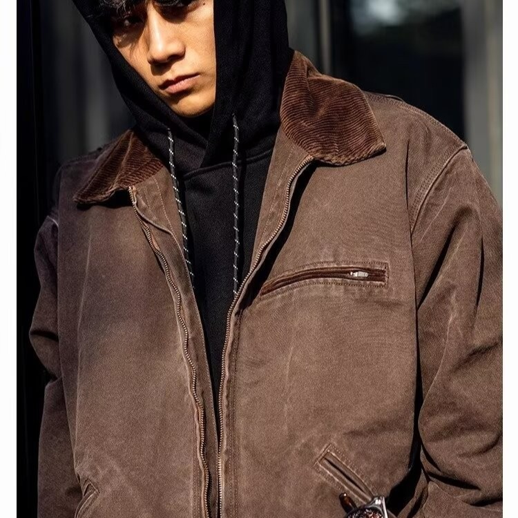 春秋拼接外套男纯棉休闲潮牌高街百搭复古灯芯绒美式潮流水洗夹克