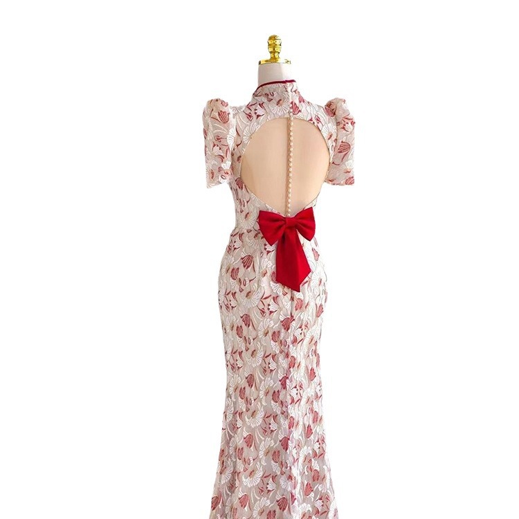 Vestido Qipao para Novia, Estilo 2025, Color Borgoña, para Boda, Compromiso, Graduación, con Encaje y Cola de Pez image 6