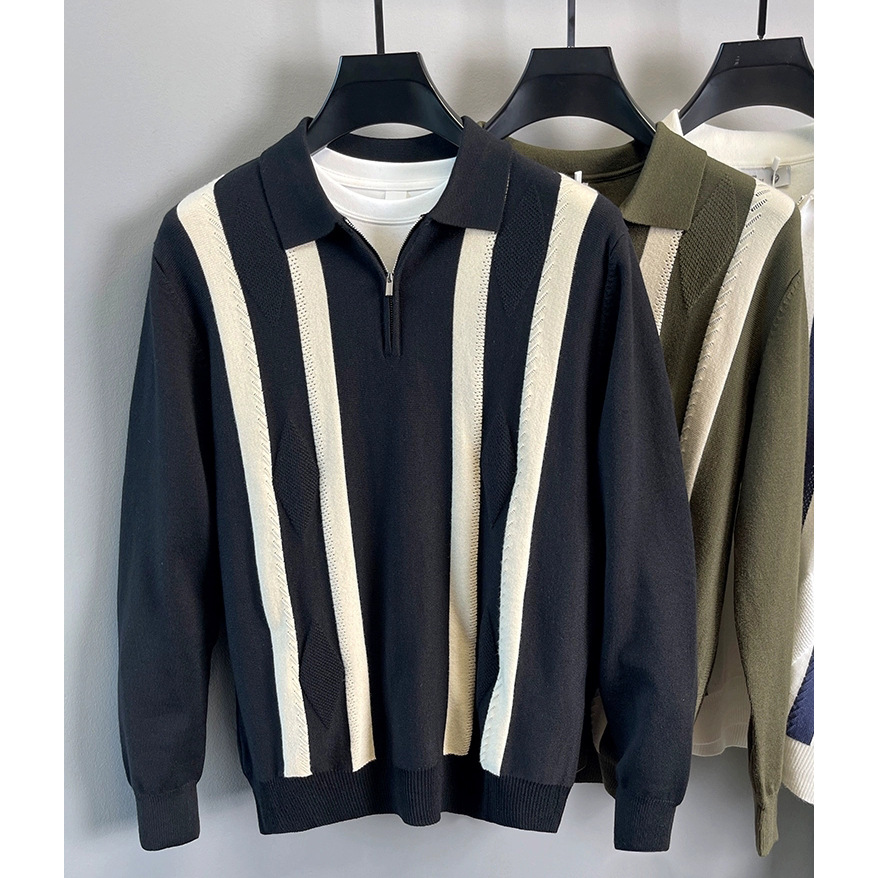 Polo camisa de punto camisa de manga larga suéter hombre solapa media cremallera vieja primavera y otoño rayas fábrica transfronteriza al por mayor