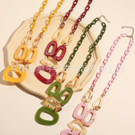 欧美时尚潮流几何树脂项链 三角醋酸毛衣链  方形扣链条式项饰女
