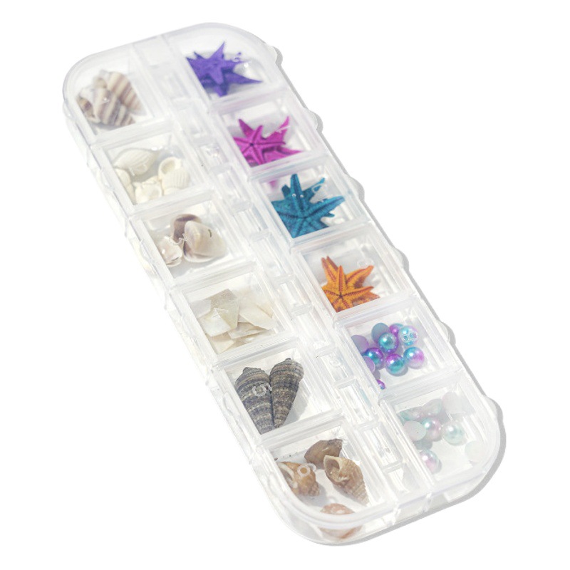Venta caliente transfronteriza Tormenta marina joyería de uñas rebanadas de concha de estrella de mar natural rebanadas de abulón 12 rejilla mixta