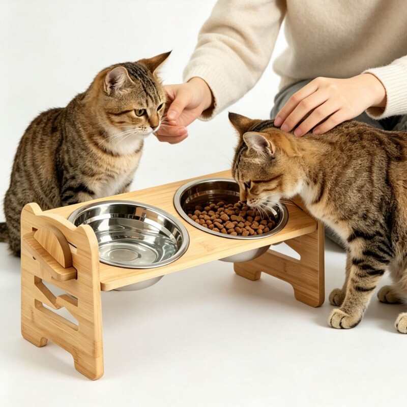 Adjustable Height Cat Bowl, Dog Bowl for Small Dogs, Adjustable Wooden Stand, Neck-Protecting Pet Bowl for Cats and Dogs