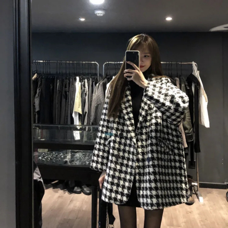 千鸟格子毛呢外套女秋冬季2025新款韩版宽松休闲加厚中长款大衣女|undefined