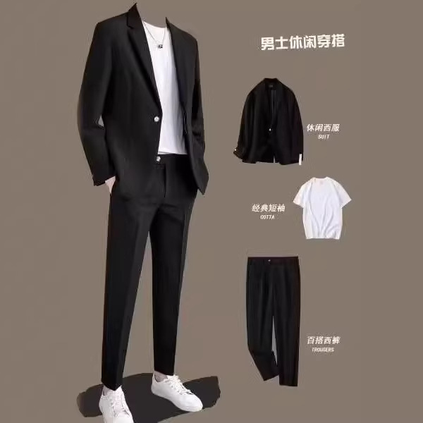 Men's Slim-Fit Suit Set Korean Style Jacket Groom Wedding Formal Wear Business Casual Pants Cropped Pants Men's Slim-Fit Suit Set Korean Style Jacket Groom Wedding Formal Wear Business Casual Pants Cropped Pants
