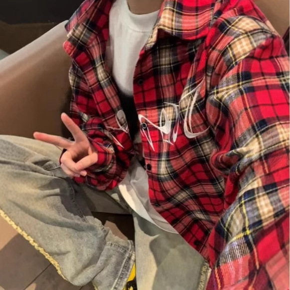 American Style Retro High Street Embroidered Red Plaid Long Sleeve Shirt Men's vintage Shirt West Coast Couple's National Fashion