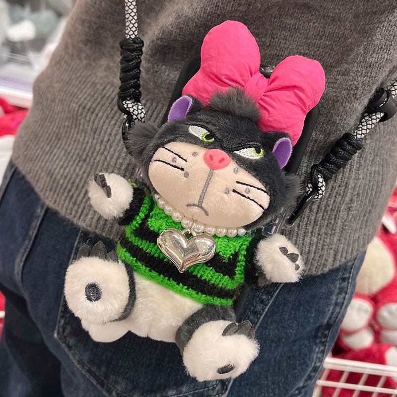 Teléfono móvil correa de cuerda ajustable desmontable encantador dibujos animados súper villanos felinos muñecas de peluche caja de teléfono móvil clip de espalda anti-perdida