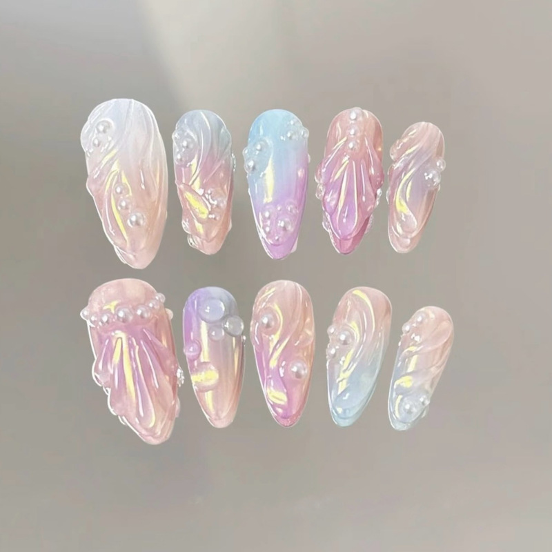 Extremely Colorful Painted Ballet-Style Pearl Press-On Nails That Enhance Complexion and Create a Mermaid Vibe, 30 Pieces, Summer Ins