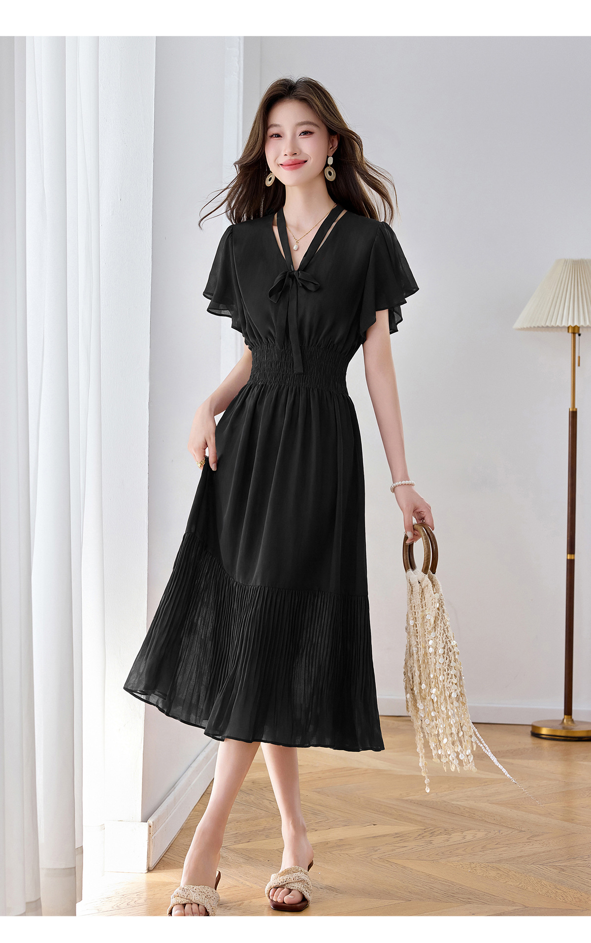 Đầm maxi nữ họa tiết hoa nhí thắt eo dáng chữ A dài quá gối — màu đen, màu hồng chi tiết 20