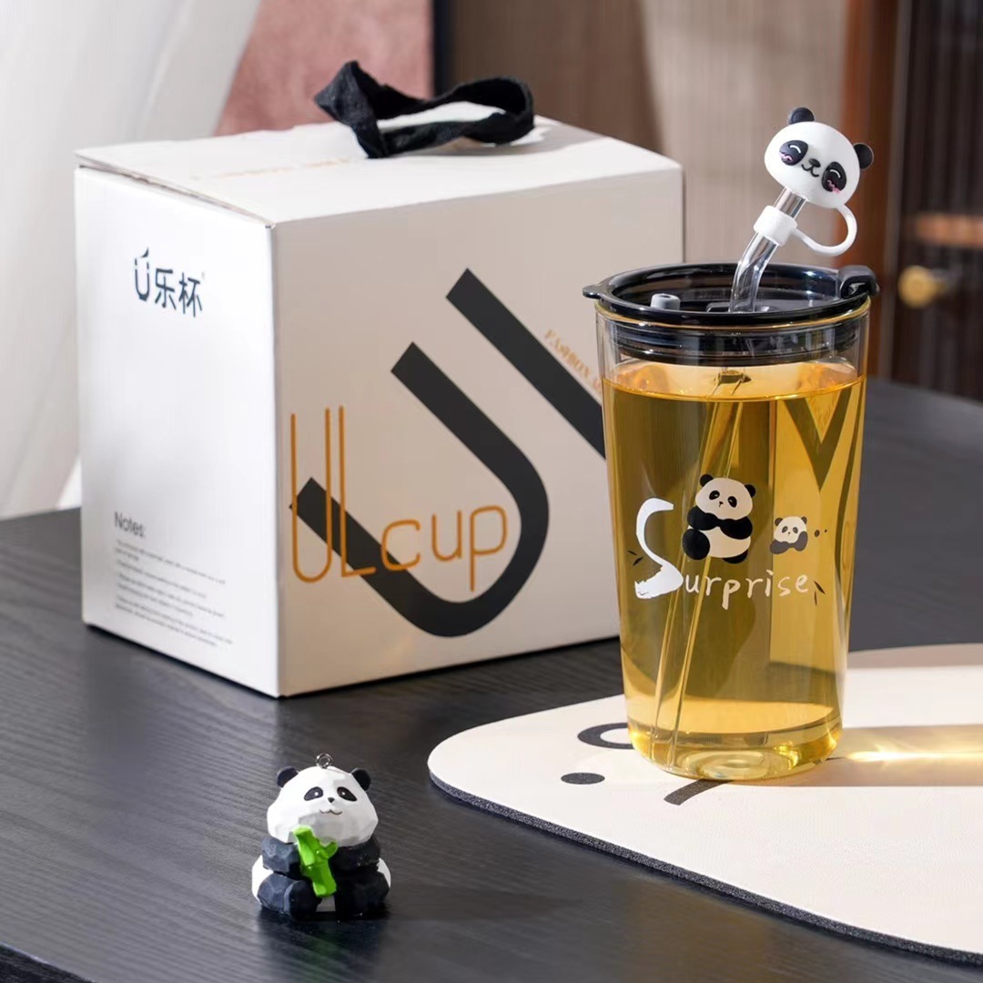 Creativo de dibujos animados Panda vidrio taza de paja lindo hogar beber taza de alta apariencia de regalo beber taza de gran capacidad