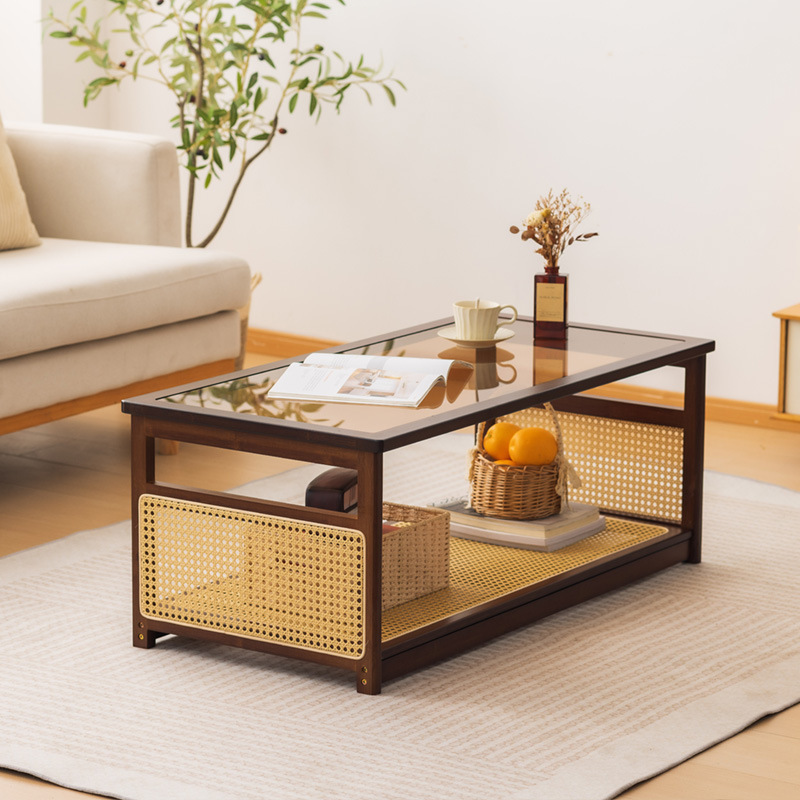 Mesa de centro, mesa rectangular de ratán de bambú, sala de estar, hogar, apartamento pequeño de estilo japonés, mesa de té de nogal moderna simple