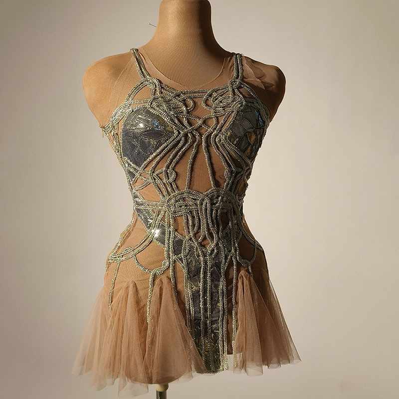 Cross-border European and American female singers selling ultra-short dress flesh color sexy perspective fine flash small diamond pattern stage dress