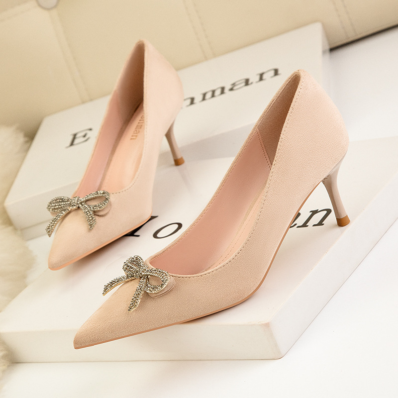 Chaussures à talons hauts tendance pour femmes, talons fins, talons hauts, bouche peu profonde, tête pointue, nœud en diamant, chaussures simples_voghion.com
