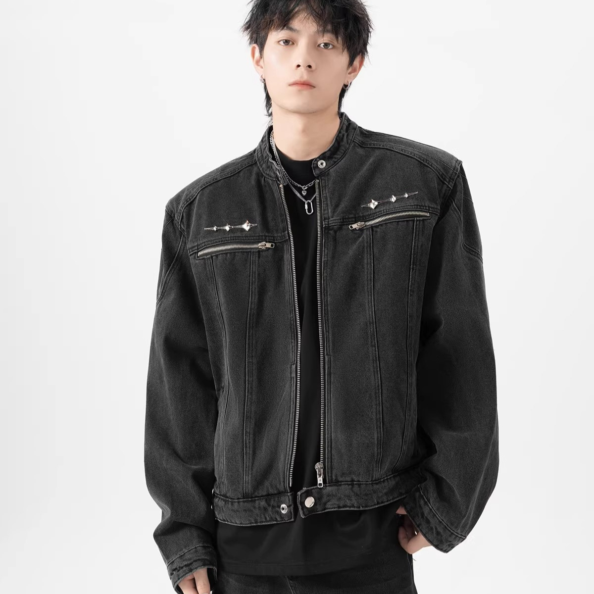 American-Style Washed Short Zipper Denim Jacket for Men, Spring and Autumn Design, Harrington Metal Collarless Coat, Trendy