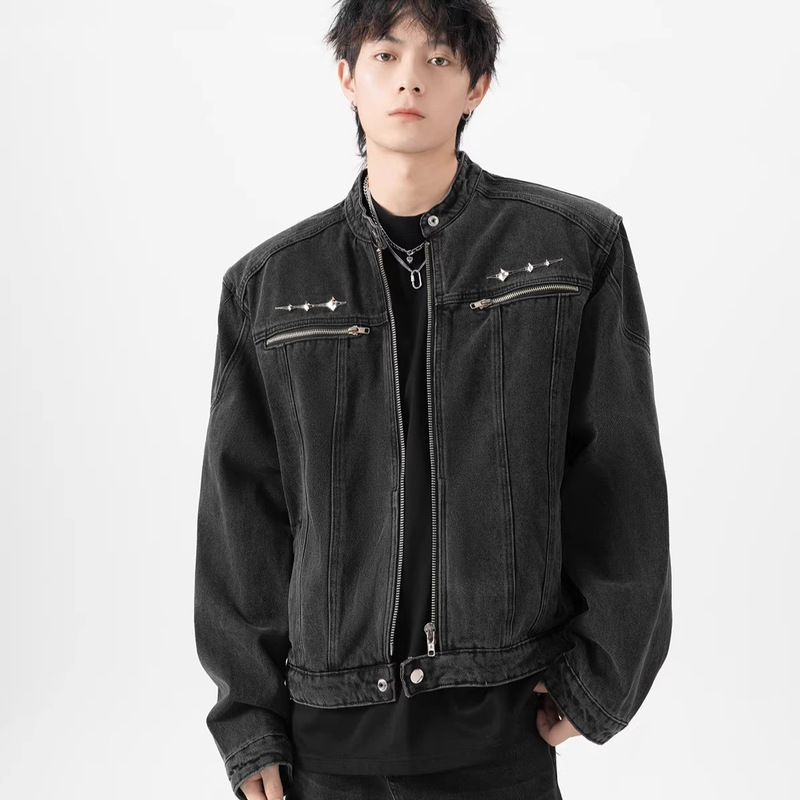 American-Style Washed Short Zipper Denim Jacket for Men, Spring and Autumn Design, Harrington Metal Collarless Coat, Trendy