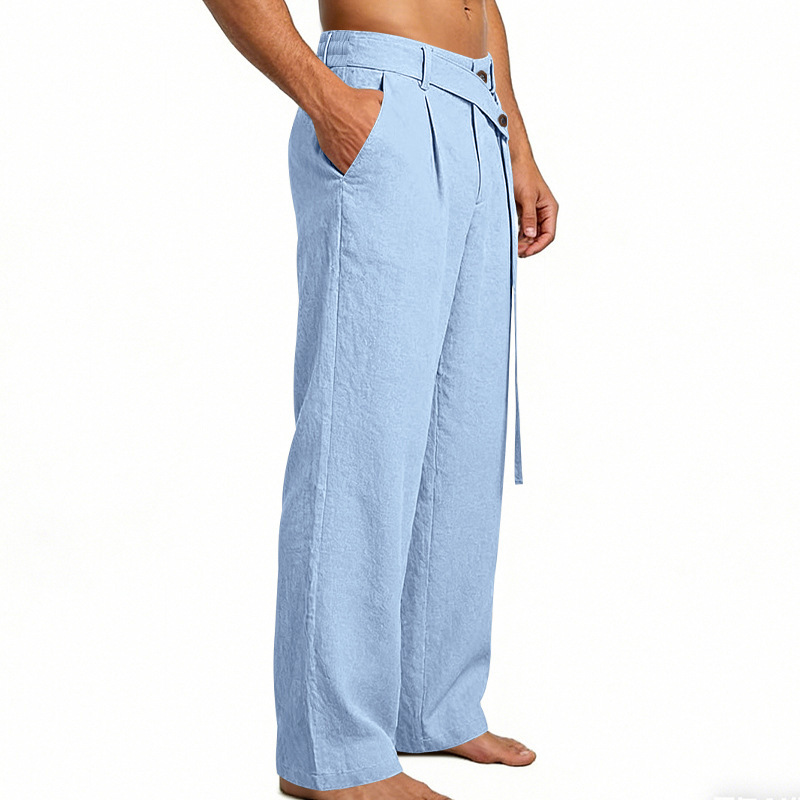 Men's Solid Color Linen Pants Simple Loose Fit High End Straight Leg Casual Midweight Polyester Long Trousers_viptrois.com