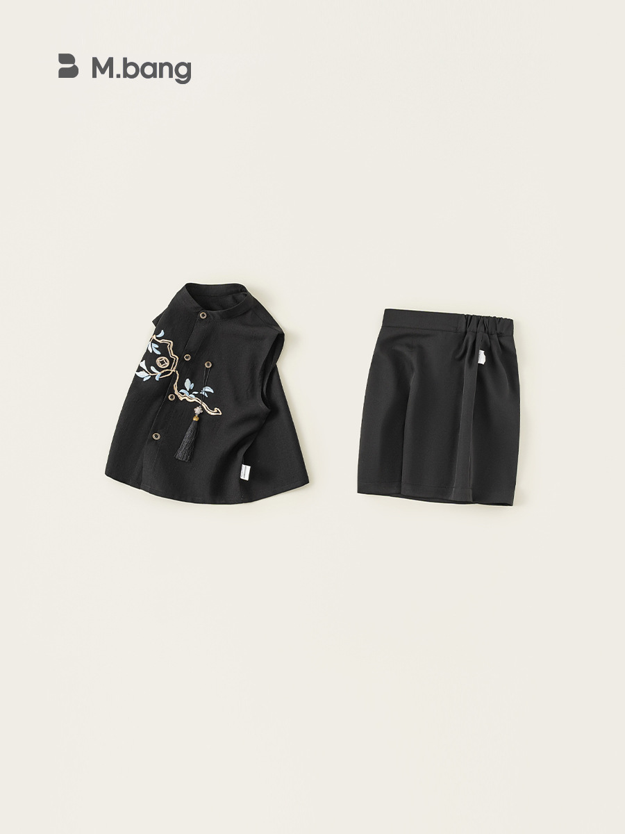 Yoobao ropa infantil para niños set de verano 2025 nuevo niño camiseta bordada de cuello para niños estilo nacional dos piezas set