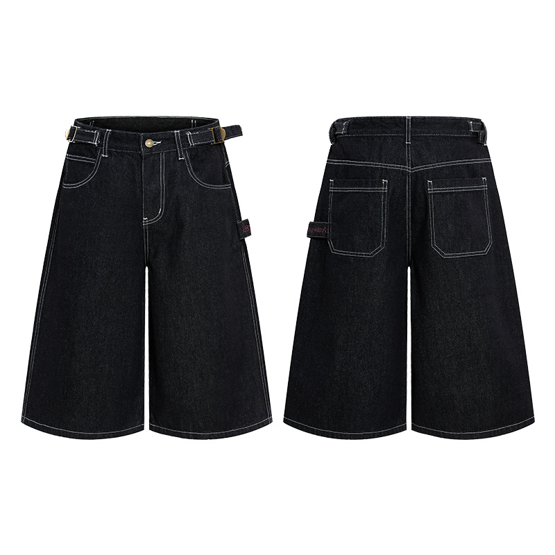 Men's American Vintage Adjustable Waist Cargo Capri Pants Unisex Baggy Denim Short Casual Streetwear Pants_viptrois.com