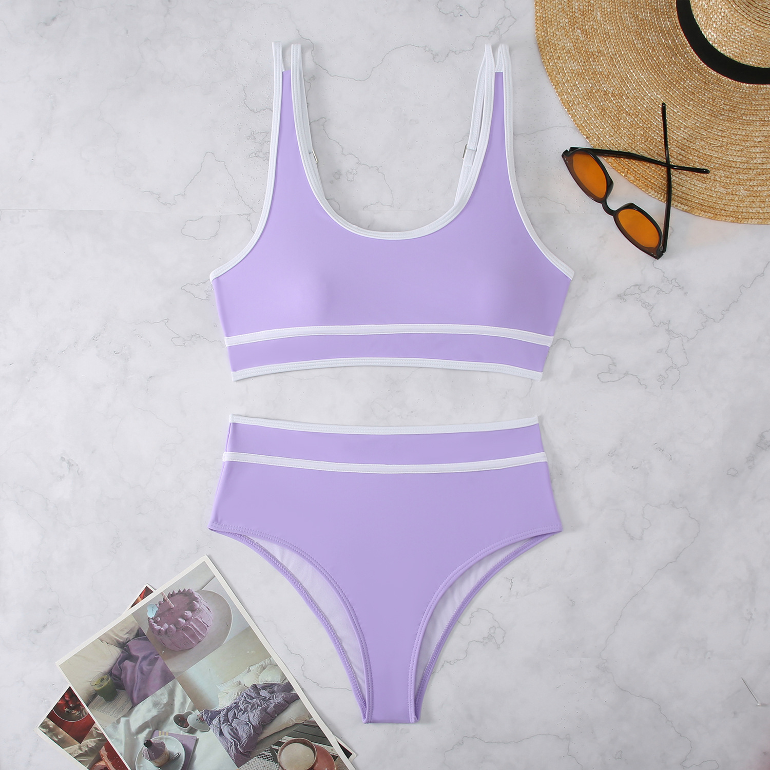 Traje de Baño Bikini de Dos Piezas de Poliéster, Color Sólido, Sin Soporte de Acero, para Natación image 12