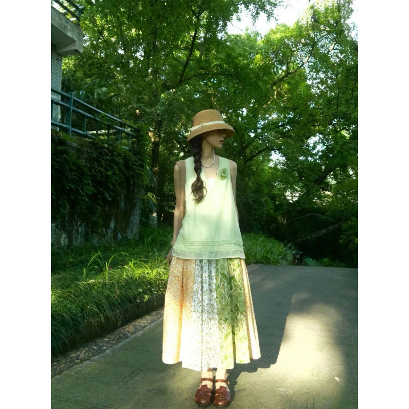 通勤小清新无袖露肩挂脖背心女夏季新款宽松拼接印花半身裙两件套|undefined