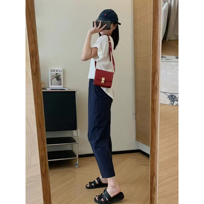 Navy Blue Quick-Dry Jogging Pants for Women, Summer Thin Loose Casual Sun-Protection Cropped Harem Carrot Pants