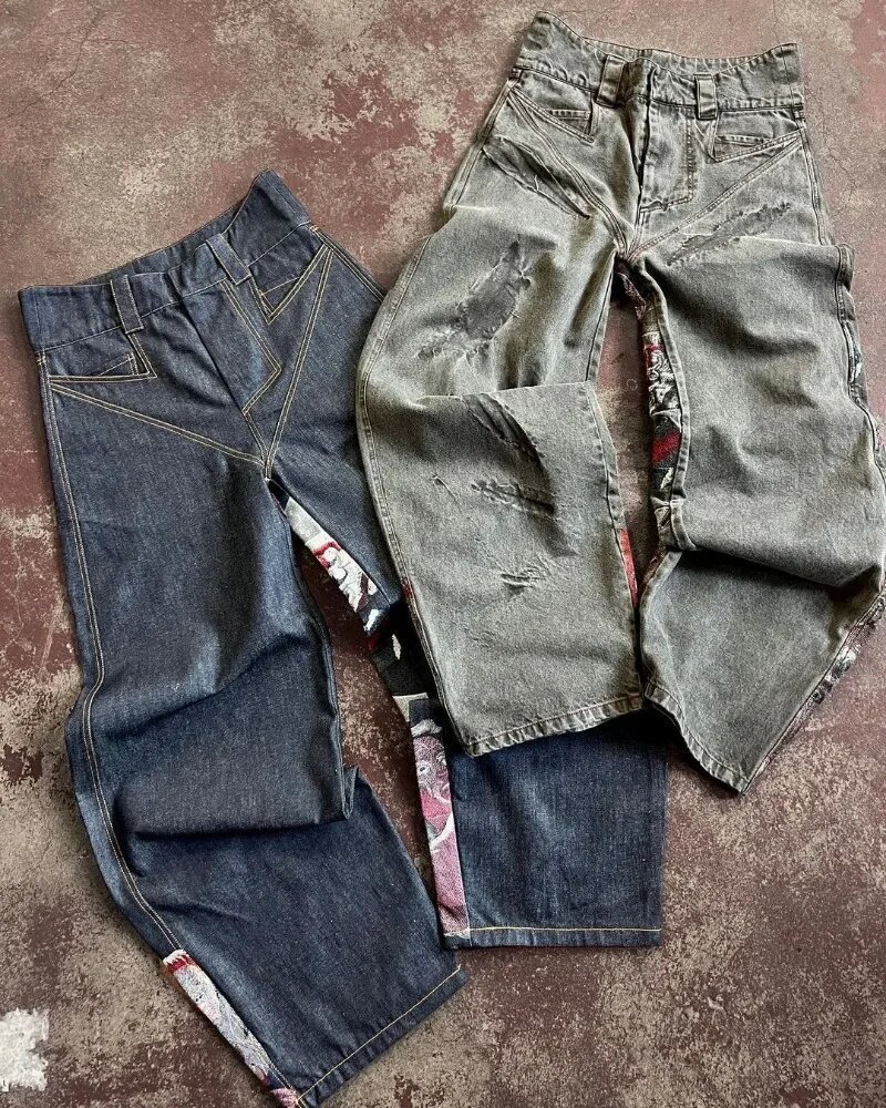 Men's Y2K Hip Hop Punk Embroidered Baggy Jeans, Heavy Duty Vintage Style Wide Leg Denim Pants Streetwear_mkmklike.com