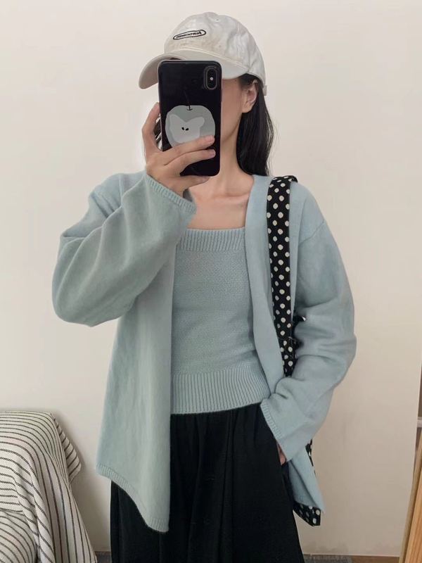 韩系温柔风纯色毛衣外套套装女秋冬宽松针织开衫小背心两件套1197|undefined