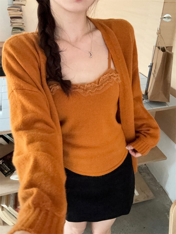韩风蕾丝拼接针织吊带背心中长款毛衣开衫套装女秋冬慵懒风两件套|undefined