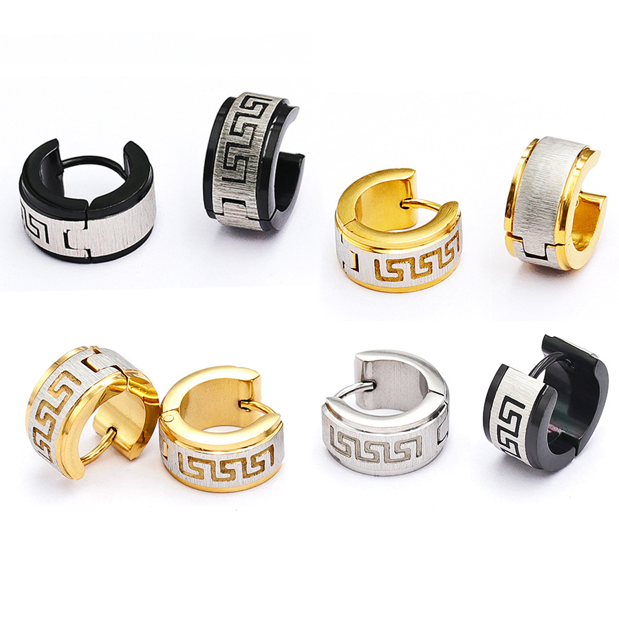 National fashion men's hip-hop personality window grilles Great Wall pattern wide face ear buckle stainless steel brushed frosted female ear bone earrings