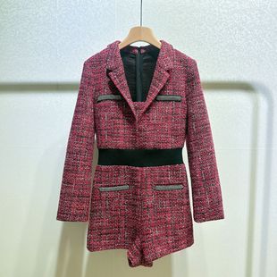 Fadan M's 2023 early autumn new style small fragrant tweed long-sleeved suit collar high-waisted shorts slim fit jumpsuit