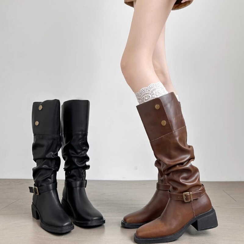 Cowhide Version ~ Thick Heel Folded Retro Pleated Western Boots for Women Maillard Knee-High Knight Boots