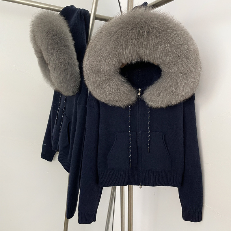 Removable Real Fox Fur Collar Hooded Zipper Sweater for Women Autumn and Winter New Korean Style Casual Loose Cardigan Jacket