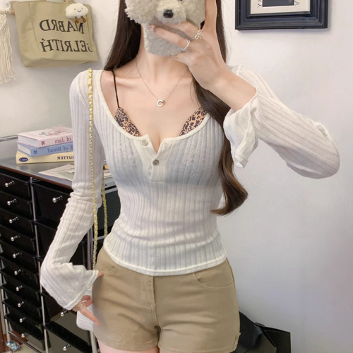 898# new summer sunscreen clothes thin long-sleeved T-shirt versatile layered waist design button cardigan top