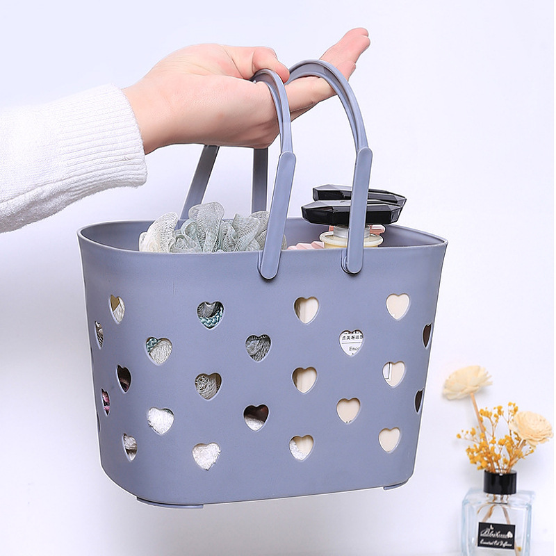 Cesta de almacenamiento grande de plástico, cesta de mano, cesta para verduras, cesta de drenaje para frutas de baño, cesta de almacenamiento de cosméticos, cesta en forma de corazón.