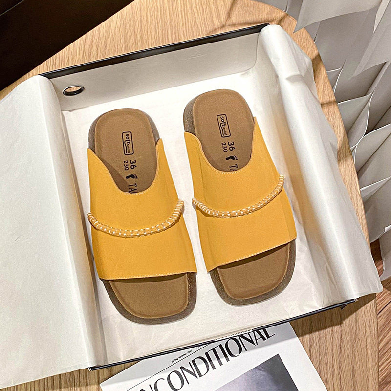 Dép sandal nữ quai ngang đế dày bằng gỗ bần, mũi vuông, đi ngoài trời — Màu khoai môn, Màu vàng gừng, Màu xám nhạt