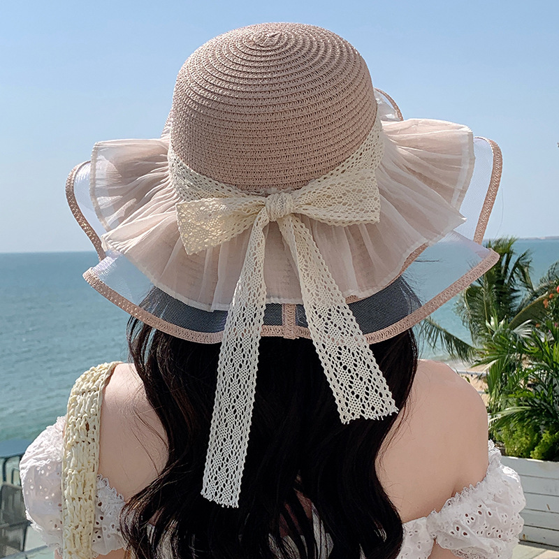 Sombrero de paja con lazo – estilo veraniego, ala ancha, para playa o vacaciones al aire libre