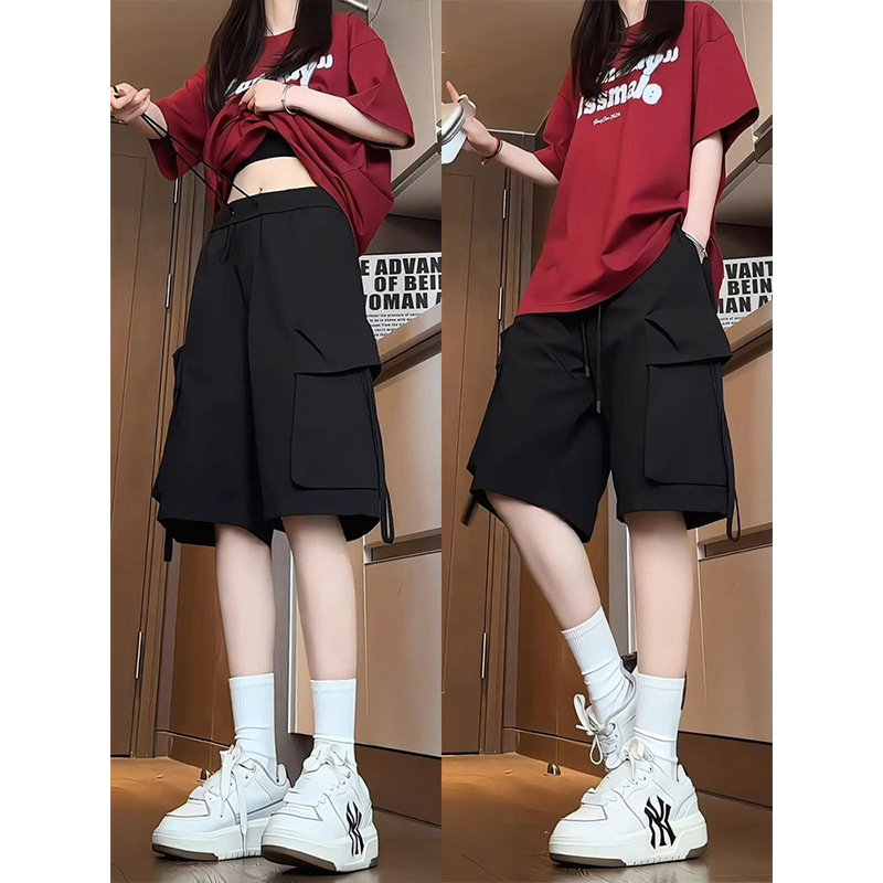 Black Large Pocket American-Style Work Shorts for Women, Summer 2026 New Casual Loose Straight-Leg Sports Knee-Length Shorts Black Large Pocket American-Style Work Shorts for Women, Summer 2026 New Casual Loose Straight-Leg Sports Knee-Length Shorts