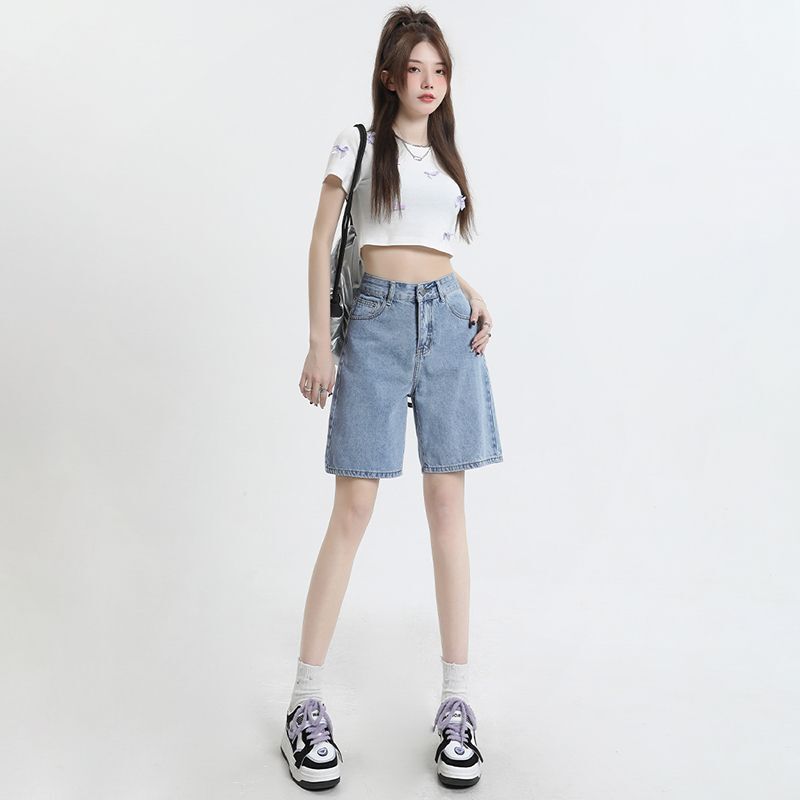 Light-Colored Denim Shorts for Women, Summer Thin Style, 2026 New High-Waisted Loose Slimming Straight-Leg Knee-Length Shorts for Women