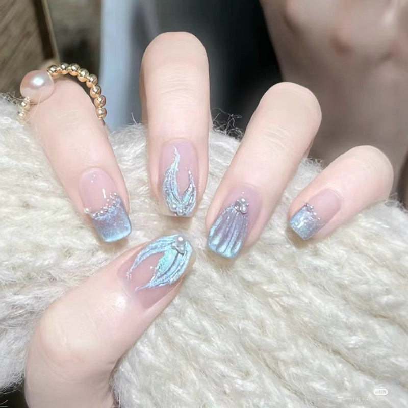 Dream Mermaid Handmade Wearable Nails French Cat Eye Bubble Three-Dimensional Pearl Advanced Whitening Manicure Patch Fake Nails