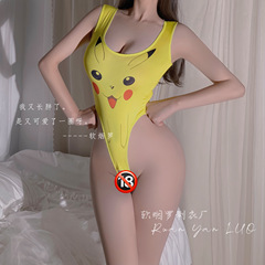 Soft Smoke-Rose 2D-themed Erotic Lingerie: Pikachu Jumpsuit with Open Crotch, Pull-On Design, and Tight Fit—Featuring a Smiling Face and Big Eyes!