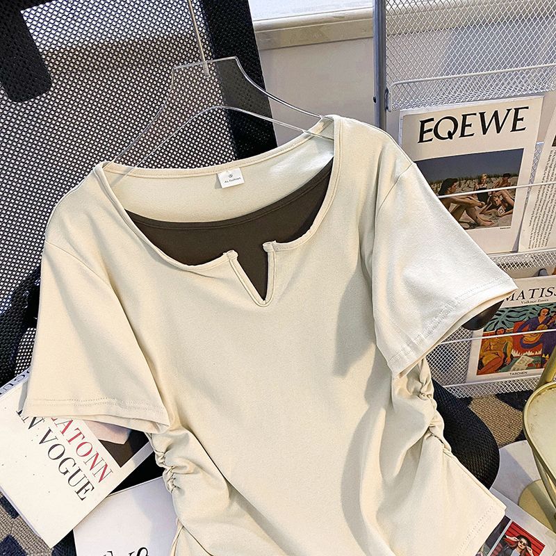 Nuevo algodón falso de dos piezas de empalme de color contraste blusa de manga corta hombro de verano delgado nicho camiseta dulce mujer
