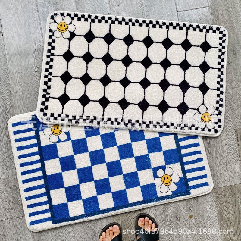 跨境家用現代簡約棋盤格仿羊絨浴室進門地墊吸水衛生間防 滑腳墊