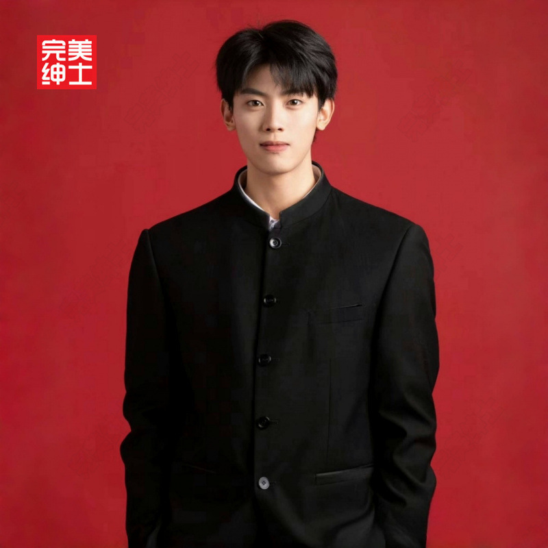 New Chinese-Style Men's Zhongshan Suit for Engagement and Marriage Registration, Casual Suit with a Stylish Stand-Up Collar