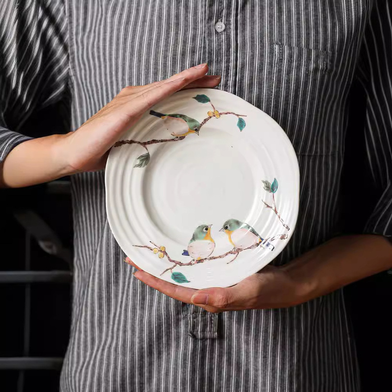 Export Japanese Bird and Wind Ceramic Tableware Gift Box Japanese Style Small Plate Sushi Plate Rice Bowl Soup Plate Water Cup