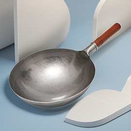 炒锅章丘炒菜铁锅批发无涂层不粘锅一体西餐手工老式蒸锅家用木柄